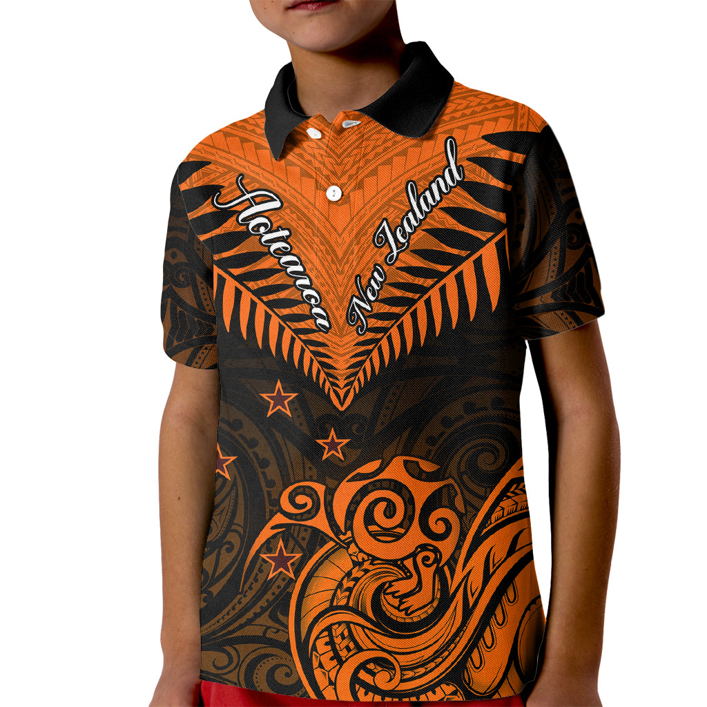 Personalised New Zealand Kid Polo Shirt Aotearoa Maori Kiwi Orange Fern - Wonder Print Shop