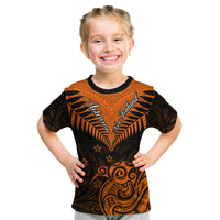 Personalised New Zealand Kid T Shirt Aotearoa Maori Kiwi Orange Fern - Wonder Print Shop