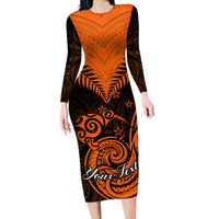 Personalised New Zealand Long Sleeve Bodycon Dress Aotearoa Maori Kiwi Orange Fern - Wonder Print Shop
