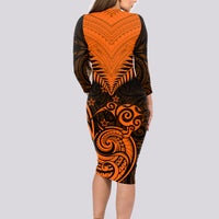 Personalised New Zealand Long Sleeve Bodycon Dress Aotearoa Maori Kiwi Orange Fern - Wonder Print Shop