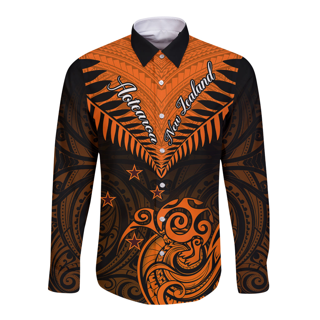 Personalised New Zealand Long Sleeve Button Shirt Aotearoa Maori Kiwi Orange Fern - Wonder Print Shop