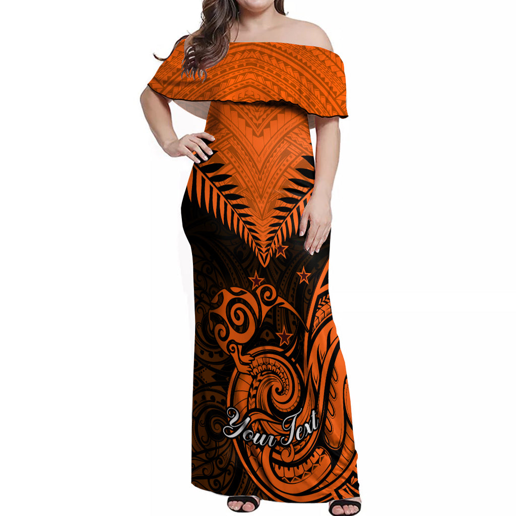Personalised New Zealand Off Shoulder Maxi Dress Aotearoa Maori Kiwi Orange Fern - Wonder Print Shop