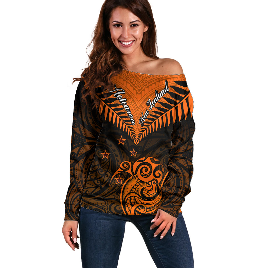 Personalised New Zealand Off Shoulder Sweater Aotearoa Maori Kiwi Orange Fern - Wonder Print Shop