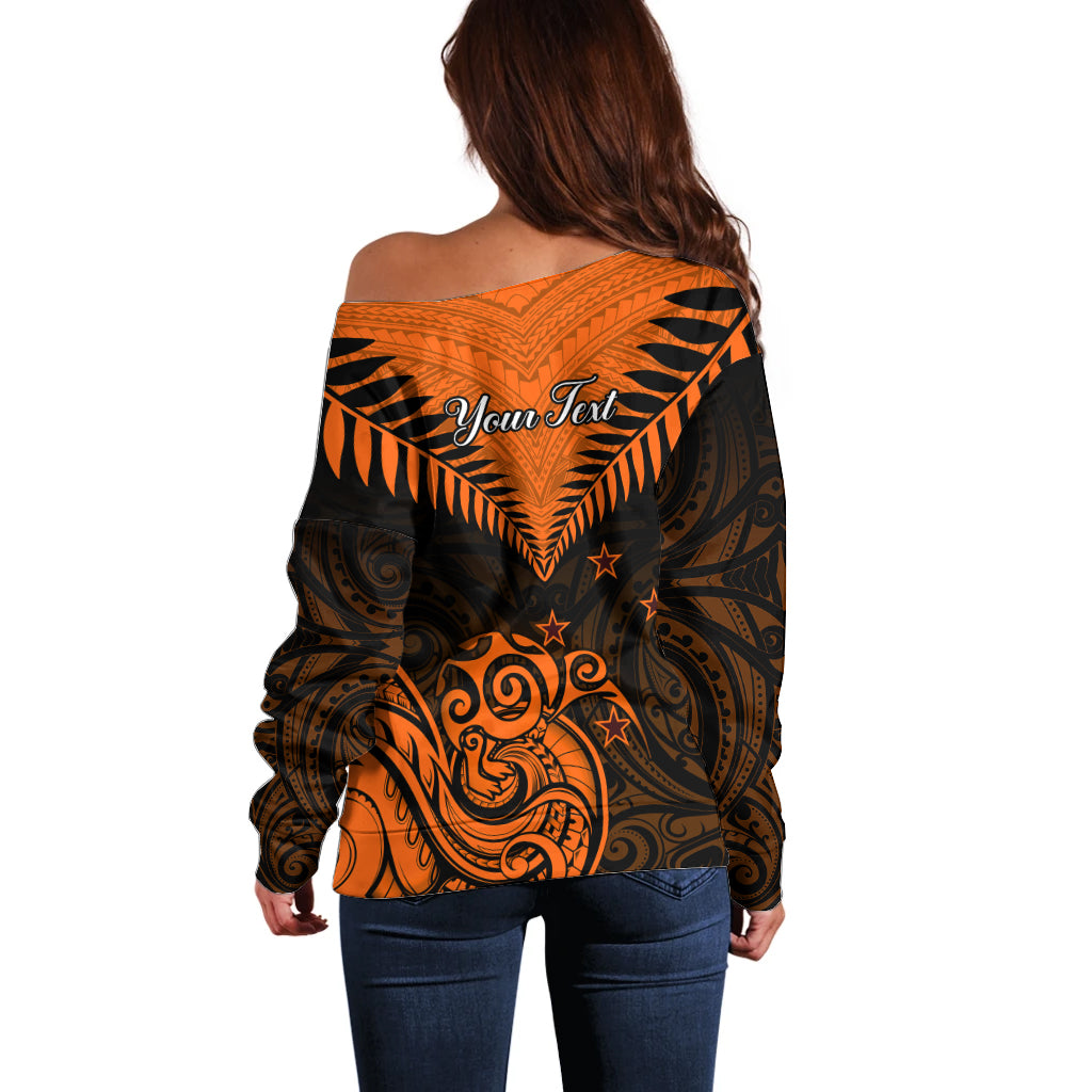 Personalised New Zealand Off Shoulder Sweater Aotearoa Maori Kiwi Orange Fern - Wonder Print Shop