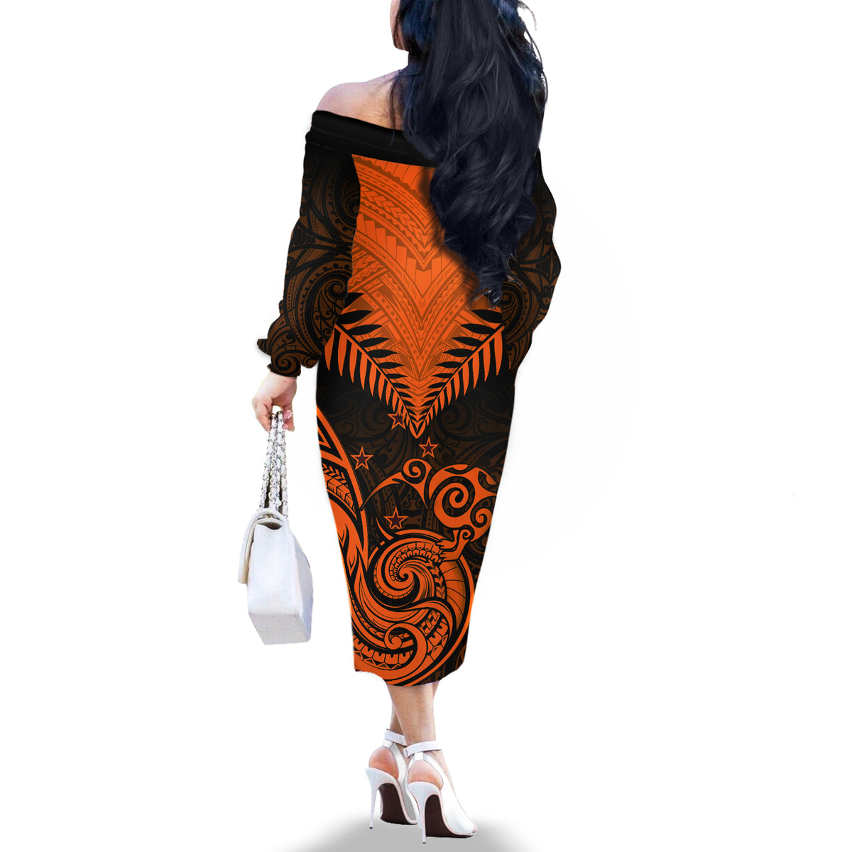 Personalised New Zealand Off The Shoulder Long Sleeve Dress Aotearoa Maori Kiwi Orange Fern - Wonder Print Shop