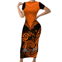 Personalised New Zealand Short Sleeve Bodycon Dress Aotearoa Maori Kiwi Orange Fern - Wonder Print Shop