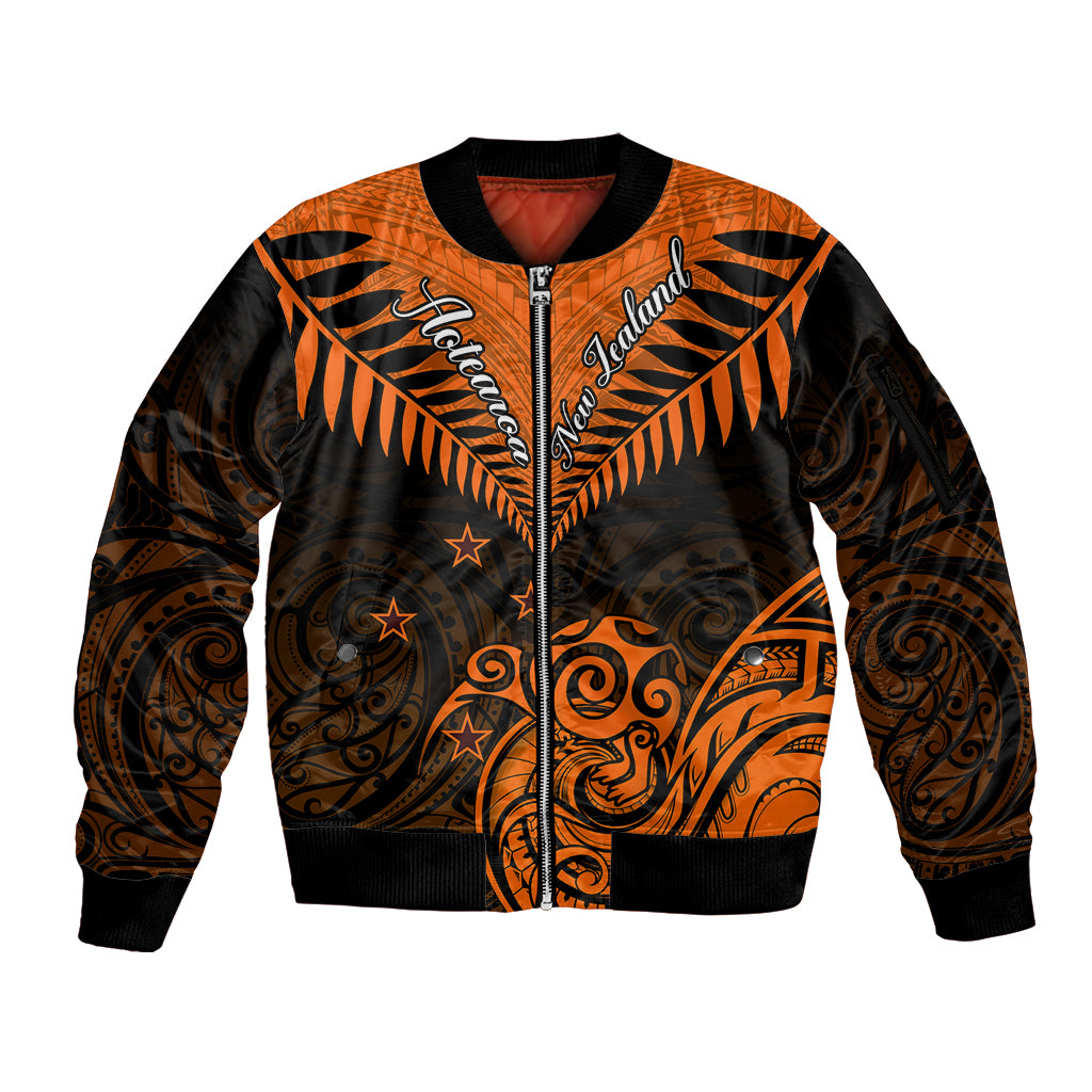 Personalised New Zealand Sleeve Zip Bomber Jacket Aotearoa Maori Kiwi Orange Fern - Wonder Print Shop