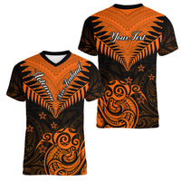 Personalised New Zealand Women V Neck T Shirt Aotearoa Maori Kiwi Orange Fern - Wonder Print Shop