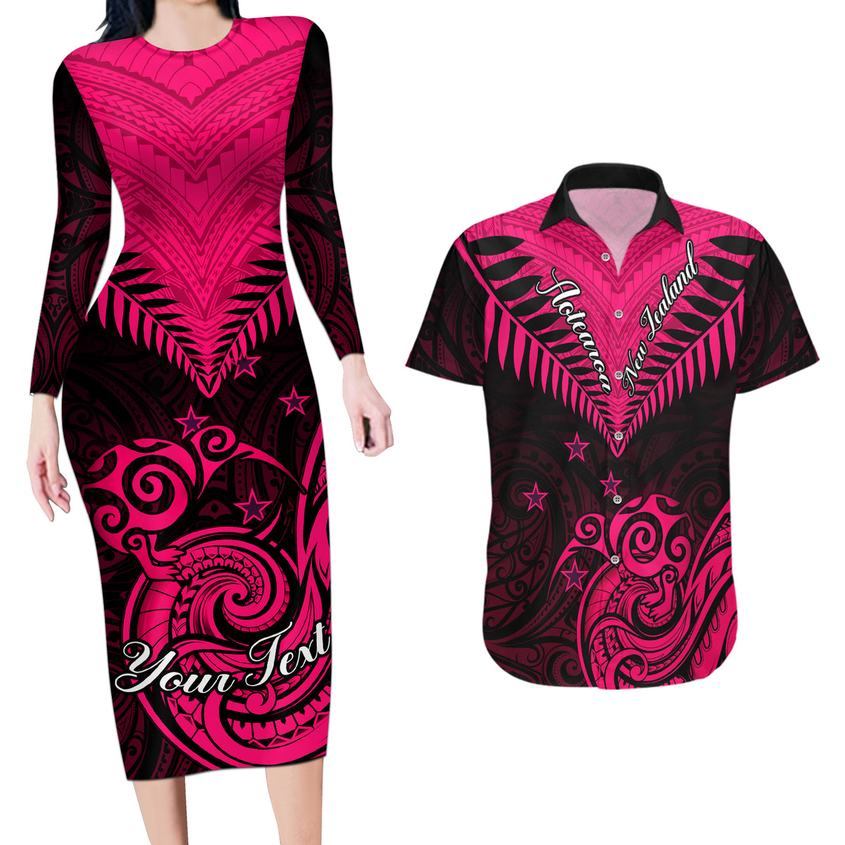 Personalised Aotearoa Couples Matching Long Sleeve Bodycon Dress and Hawaiian Shirt Maori Kiwi Pink Fern - Wonder Print Shop