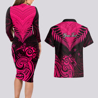 Personalised Aotearoa Couples Matching Long Sleeve Bodycon Dress and Hawaiian Shirt Maori Kiwi Pink Fern - Wonder Print Shop