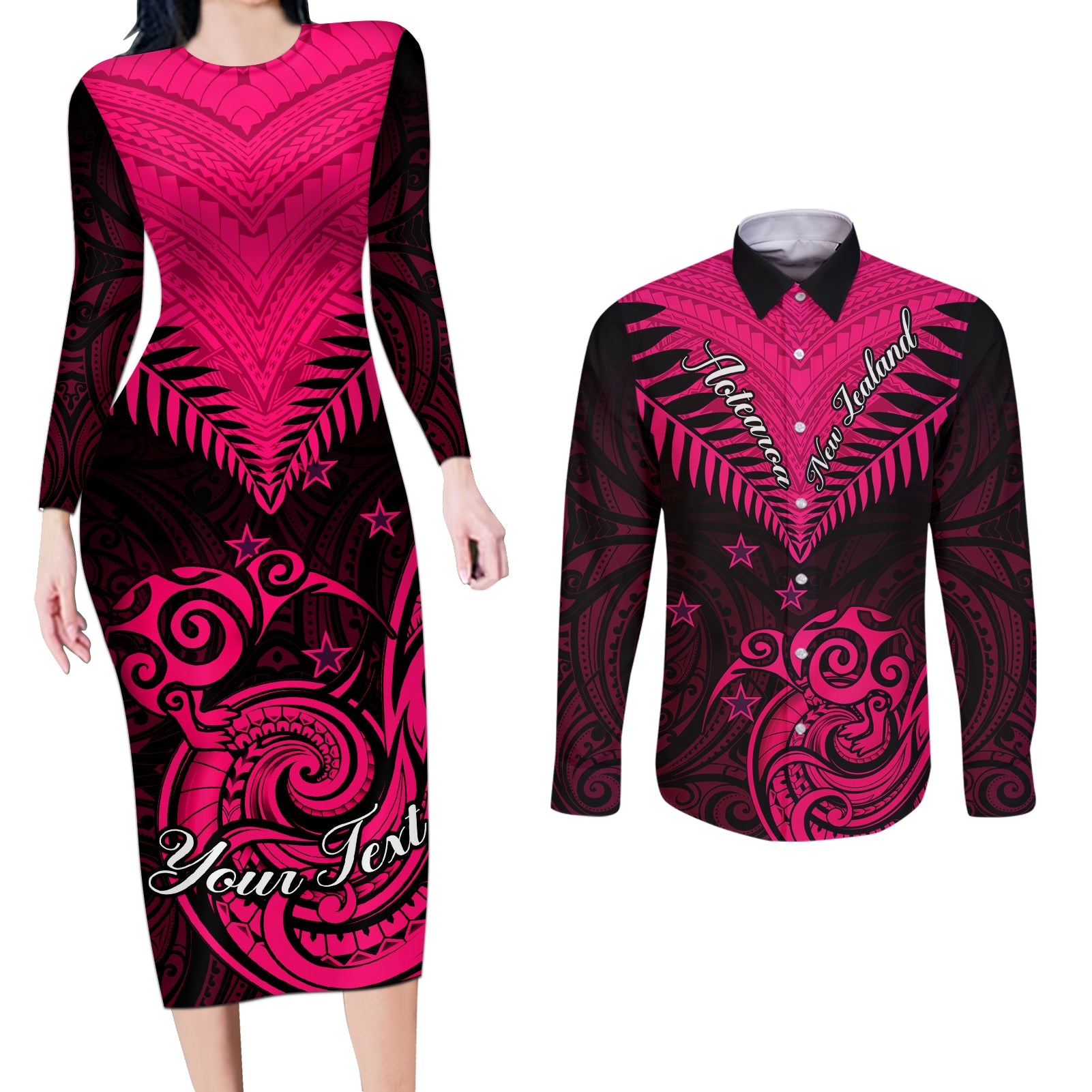 Personalised Aotearoa Couples Matching Long Sleeve Bodycon Dress and Long Sleeve Button Shirts Maori Kiwi Pink Fern - Wonder Print Shop