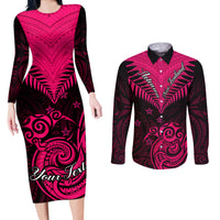 Personalised Aotearoa Couples Matching Long Sleeve Bodycon Dress and Long Sleeve Button Shirts Maori Kiwi Pink Fern - Wonder Print Shop