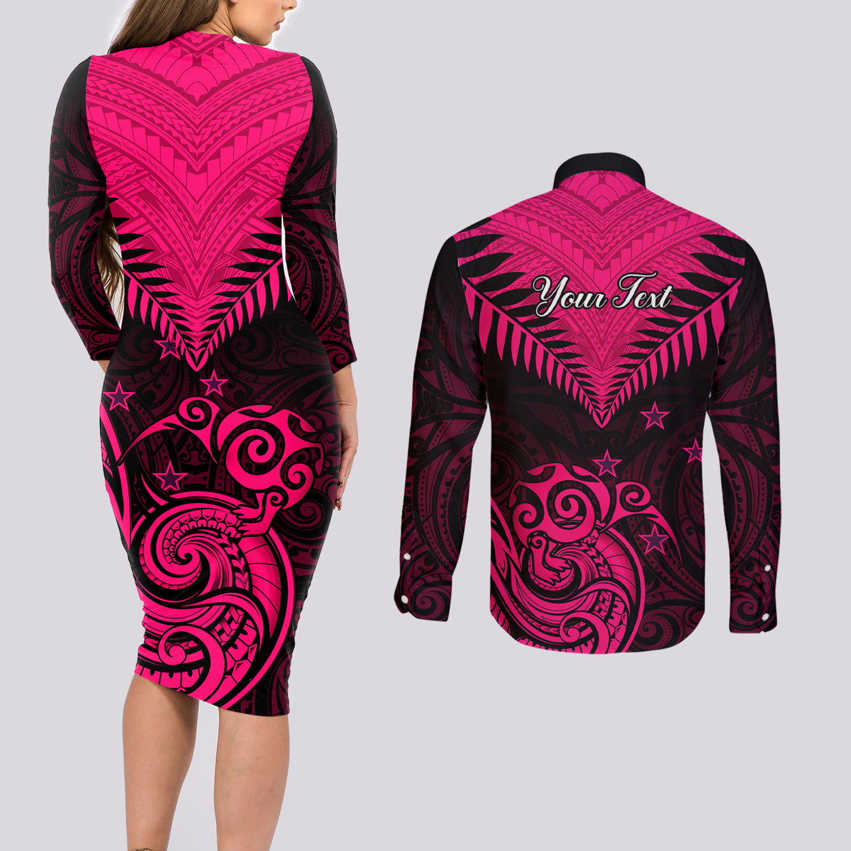 Personalised Aotearoa Couples Matching Long Sleeve Bodycon Dress and Long Sleeve Button Shirts Maori Kiwi Pink Fern - Wonder Print Shop