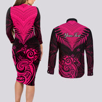 Personalised Aotearoa Couples Matching Long Sleeve Bodycon Dress and Long Sleeve Button Shirts Maori Kiwi Pink Fern - Wonder Print Shop