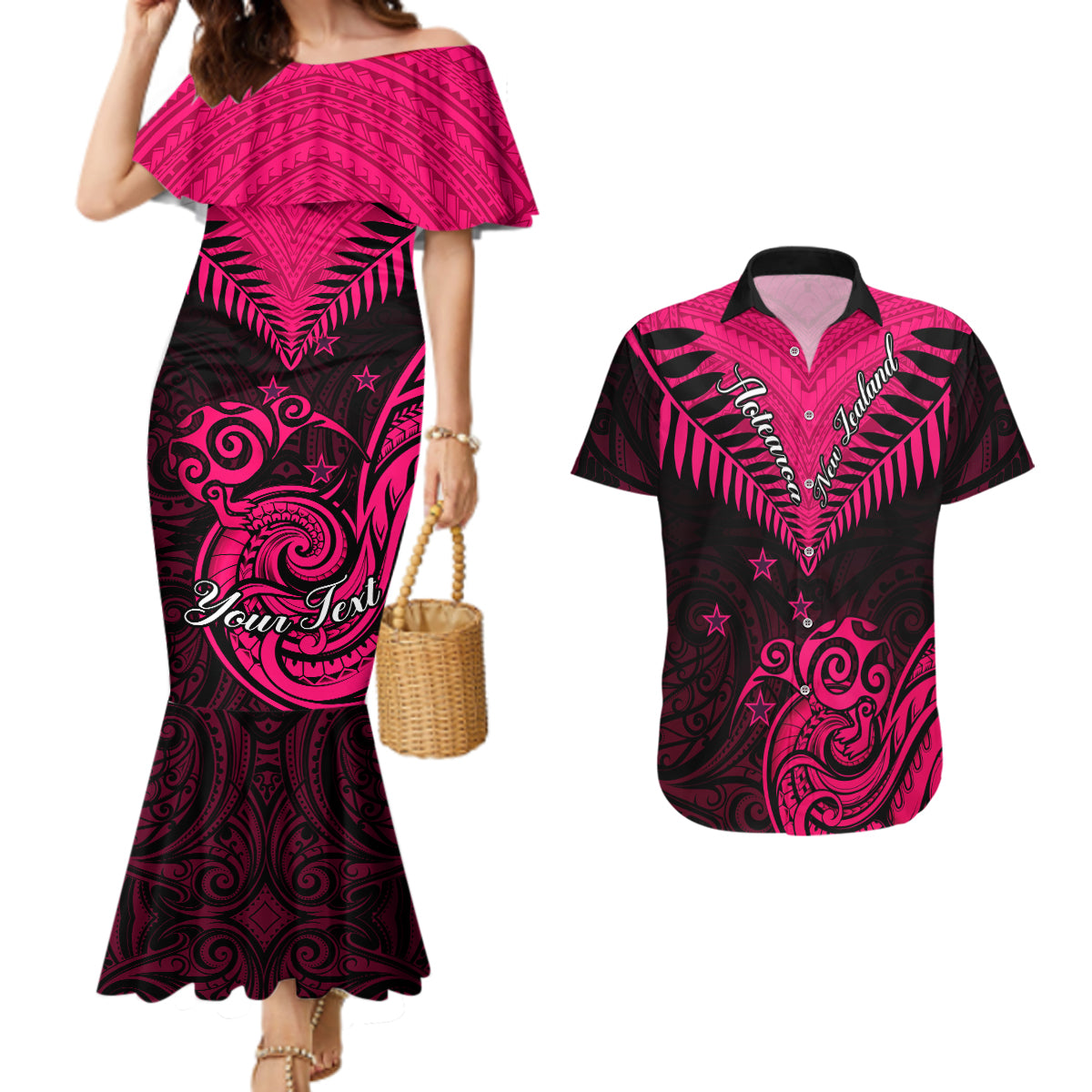 Personalised Aotearoa Couples Matching Mermaid Dress And Hawaiian Shirt Maori Kiwi Pink Fern - Wonder Print Shop