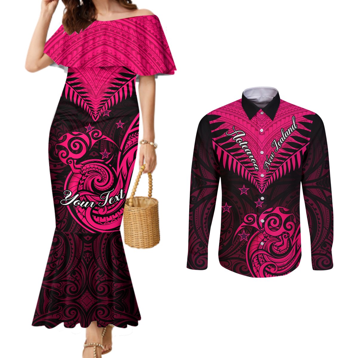 personalised-aotearoa-couples-matching-mermaid-dress-and-long-sleeve-button-shirts-maori-kiwi-pink-fern