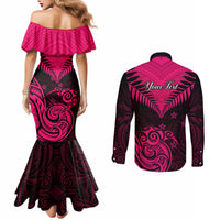 personalised-aotearoa-couples-matching-mermaid-dress-and-long-sleeve-button-shirts-maori-kiwi-pink-fern