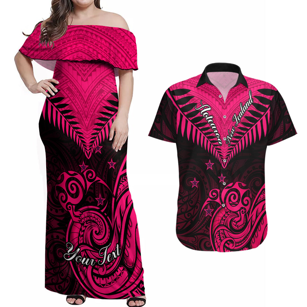 Personalised Aotearoa Couples Matching Off Shoulder Maxi Dress and Hawaiian Shirt Maori Kiwi Pink Fern - Wonder Print Shop