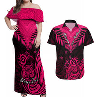 Personalised Aotearoa Couples Matching Off Shoulder Maxi Dress and Hawaiian Shirt Maori Kiwi Pink Fern - Wonder Print Shop