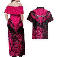 Personalised Aotearoa Couples Matching Off Shoulder Maxi Dress and Hawaiian Shirt Maori Kiwi Pink Fern - Wonder Print Shop