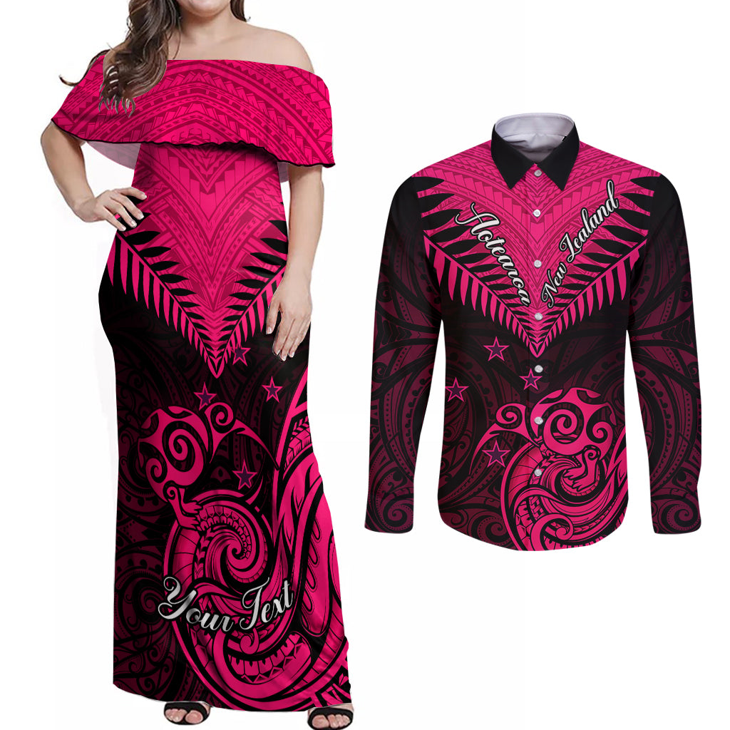 Personalised Aotearoa Couples Matching Off Shoulder Maxi Dress and Long Sleeve Button Shirts Maori Kiwi Pink Fern - Wonder Print Shop