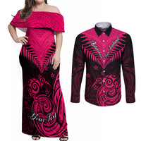 Personalised Aotearoa Couples Matching Off Shoulder Maxi Dress and Long Sleeve Button Shirts Maori Kiwi Pink Fern - Wonder Print Shop