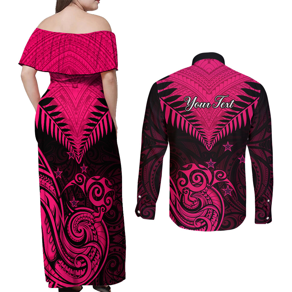 Personalised Aotearoa Couples Matching Off Shoulder Maxi Dress and Long Sleeve Button Shirts Maori Kiwi Pink Fern - Wonder Print Shop