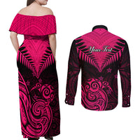 Personalised Aotearoa Couples Matching Off Shoulder Maxi Dress and Long Sleeve Button Shirts Maori Kiwi Pink Fern - Wonder Print Shop