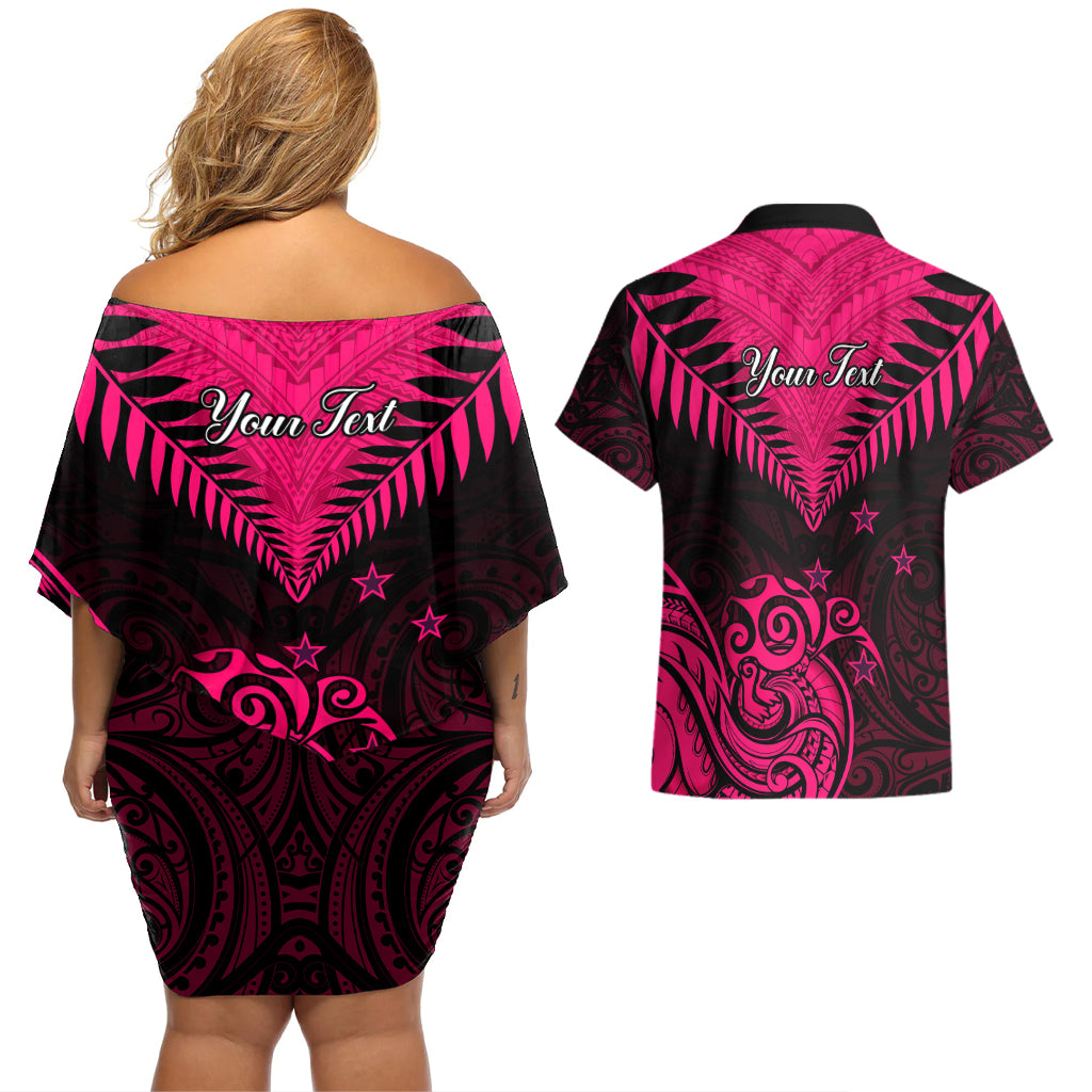 Personalised Aotearoa Couples Matching Off Shoulder Short Dress and Hawaiian Shirt Maori Kiwi Pink Fern - Wonder Print Shop
