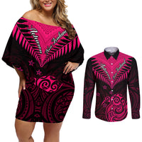 Personalised Aotearoa Couples Matching Off Shoulder Short Dress and Long Sleeve Button Shirts Maori Kiwi Pink Fern - Wonder Print Shop