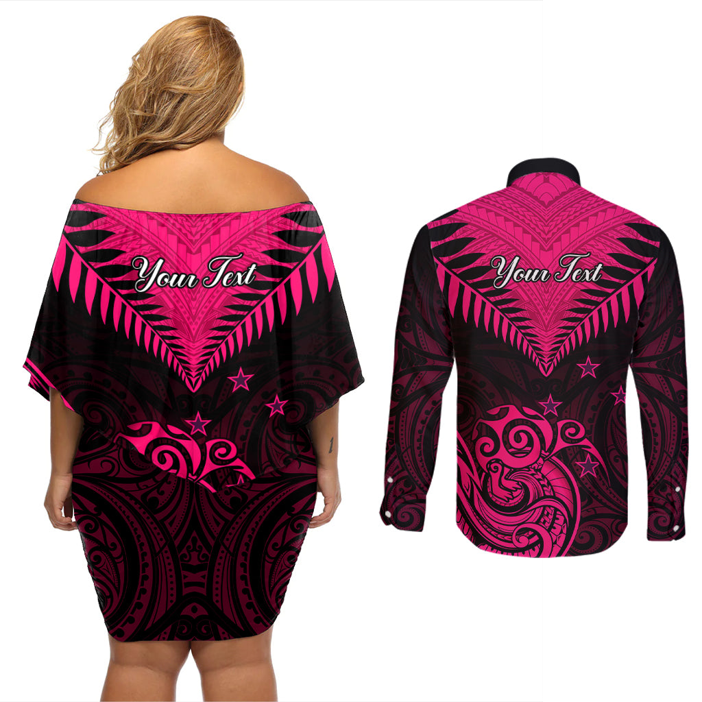 Personalised Aotearoa Couples Matching Off Shoulder Short Dress and Long Sleeve Button Shirts Maori Kiwi Pink Fern - Wonder Print Shop