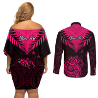 Personalised Aotearoa Couples Matching Off Shoulder Short Dress and Long Sleeve Button Shirts Maori Kiwi Pink Fern - Wonder Print Shop