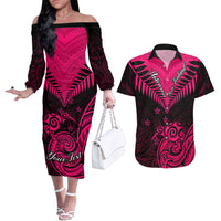 Personalised Aotearoa Couples Matching Off The Shoulder Long Sleeve Dress and Hawaiian Shirt Maori Kiwi Pink Fern - Wonder Print Shop