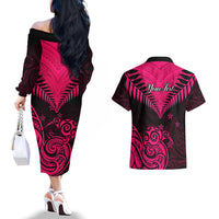 Personalised Aotearoa Couples Matching Off The Shoulder Long Sleeve Dress and Hawaiian Shirt Maori Kiwi Pink Fern - Wonder Print Shop