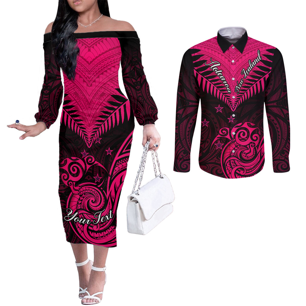 personalised-aotearoa-couples-matching-off-the-shoulder-long-sleeve-dress-and-long-sleeve-button-shirts-maori-kiwi-pink-fern