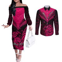 personalised-aotearoa-couples-matching-off-the-shoulder-long-sleeve-dress-and-long-sleeve-button-shirts-maori-kiwi-pink-fern