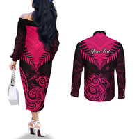 personalised-aotearoa-couples-matching-off-the-shoulder-long-sleeve-dress-and-long-sleeve-button-shirts-maori-kiwi-pink-fern