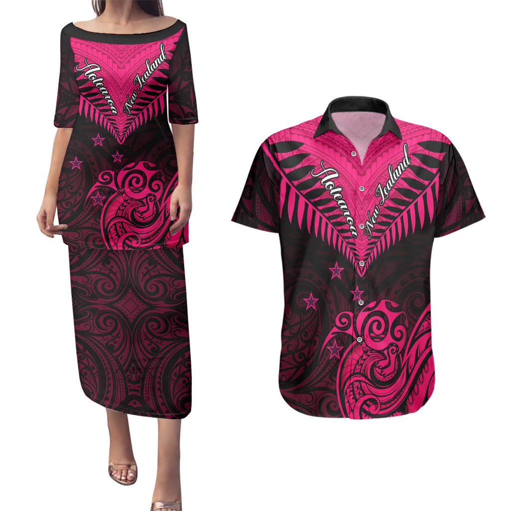 Personalised Aotearoa Couples Matching Puletasi Dress and Hawaiian Shirt Maori Kiwi Pink Fern - Wonder Print Shop