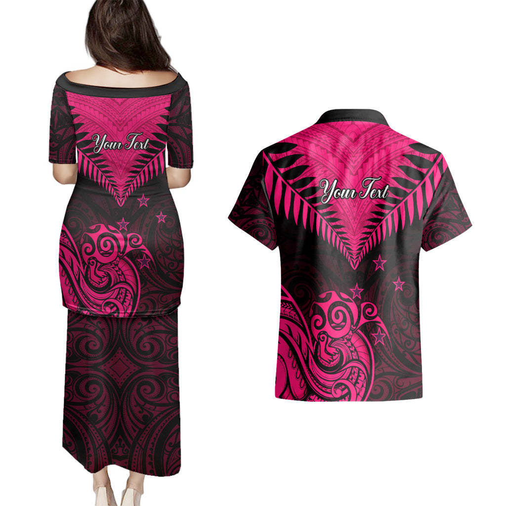 Personalised Aotearoa Couples Matching Puletasi Dress and Hawaiian Shirt Maori Kiwi Pink Fern - Wonder Print Shop