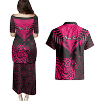Personalised Aotearoa Couples Matching Puletasi Dress and Hawaiian Shirt Maori Kiwi Pink Fern - Wonder Print Shop