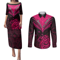 Personalised Aotearoa Couples Matching Puletasi Dress and Long Sleeve Button Shirts Maori Kiwi Pink Fern - Wonder Print Shop