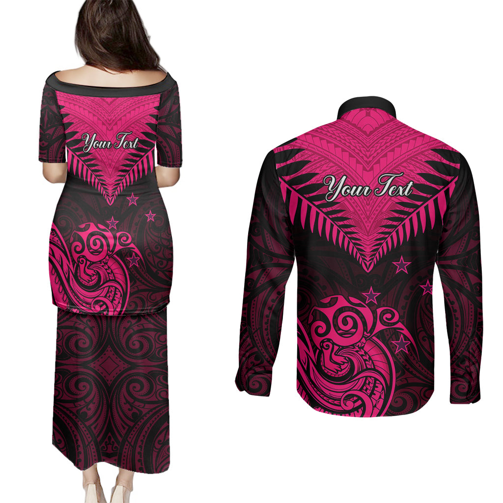 Personalised Aotearoa Couples Matching Puletasi Dress and Long Sleeve Button Shirts Maori Kiwi Pink Fern - Wonder Print Shop