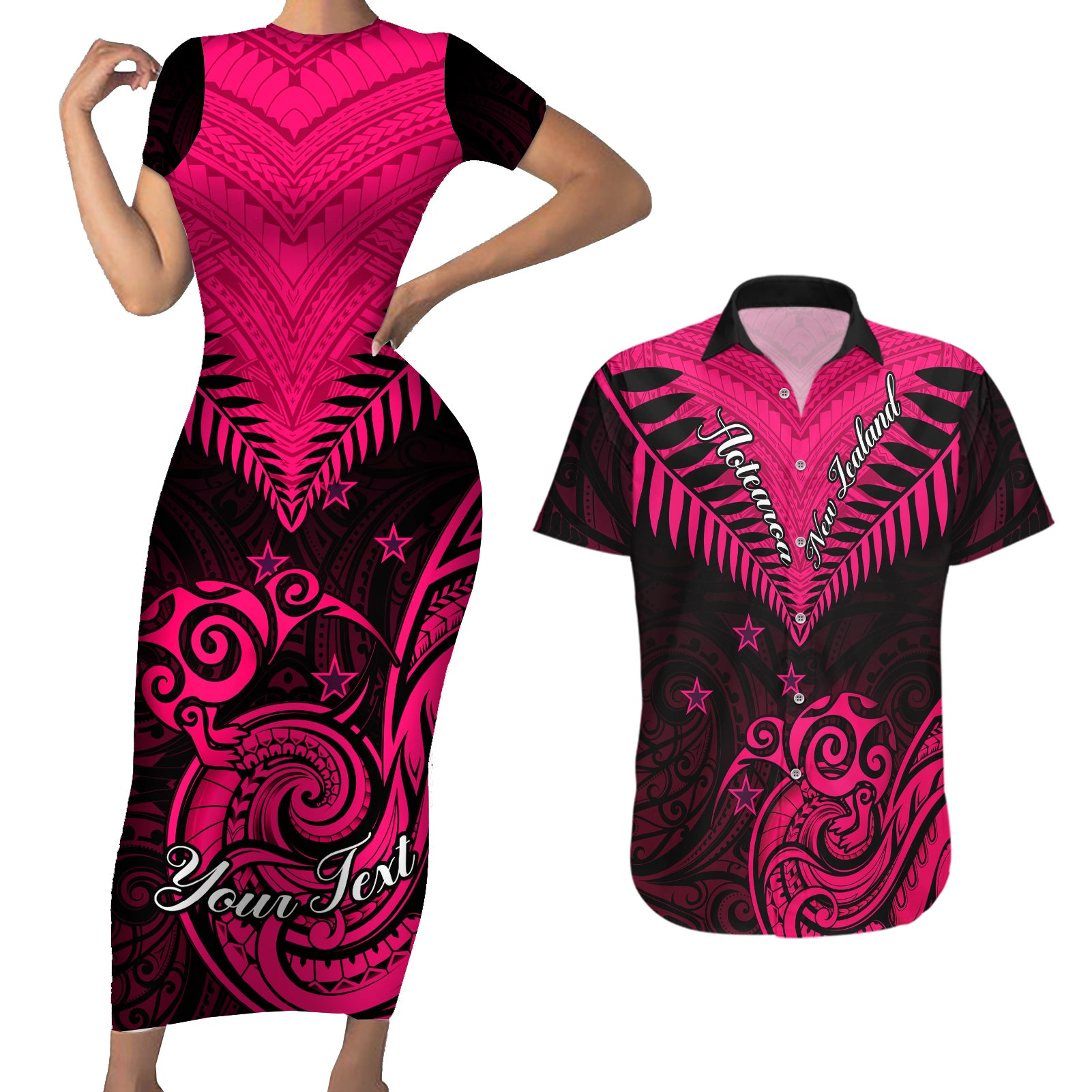 Personalised Aotearoa Couples Matching Short Sleeve Bodycon Dress and Hawaiian Shirt Maori Kiwi Pink Fern - Wonder Print Shop