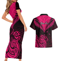 Personalised Aotearoa Couples Matching Short Sleeve Bodycon Dress and Hawaiian Shirt Maori Kiwi Pink Fern - Wonder Print Shop