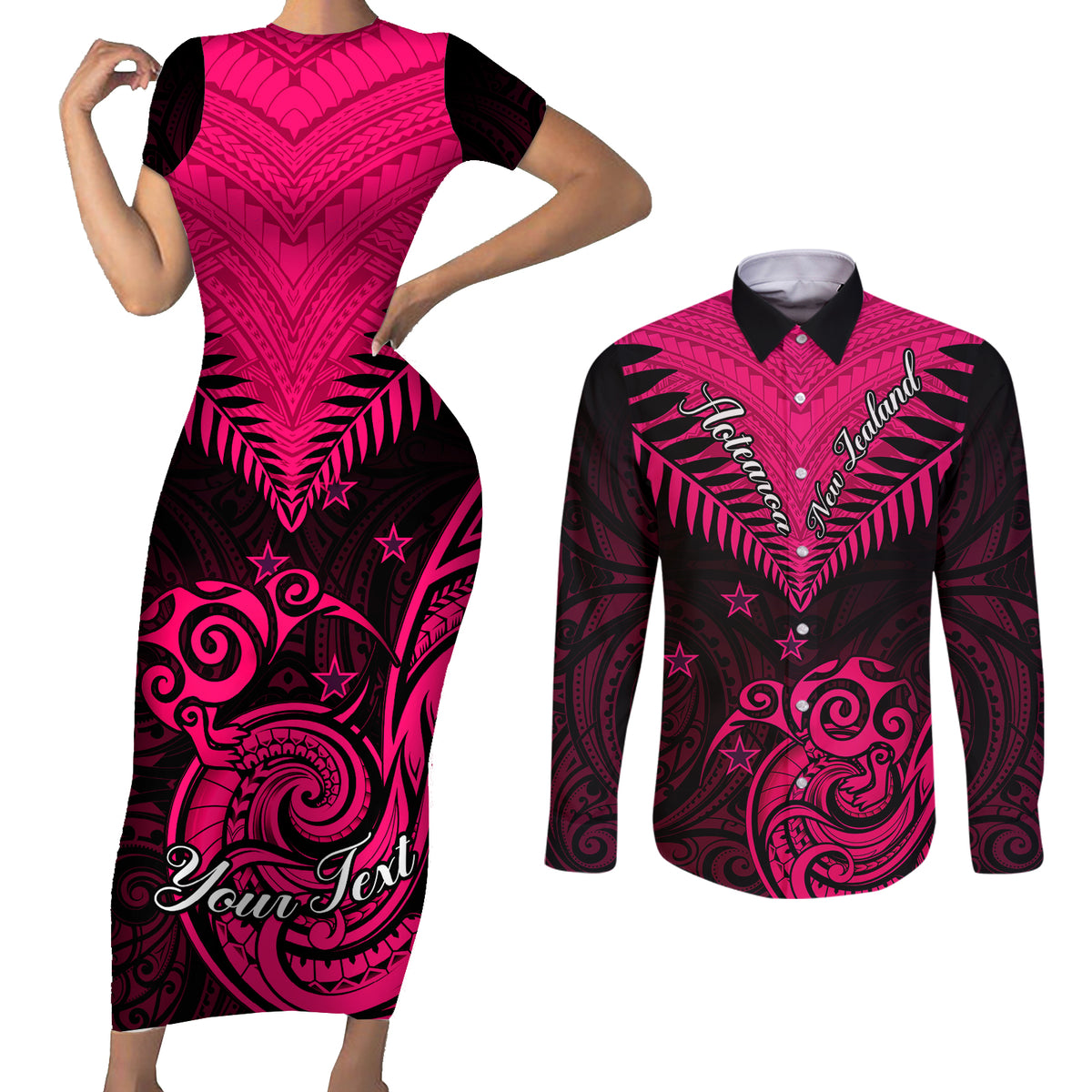 Personalised Aotearoa Couples Matching Short Sleeve Bodycon Dress and Long Sleeve Button Shirts Maori Kiwi Pink Fern - Wonder Print Shop