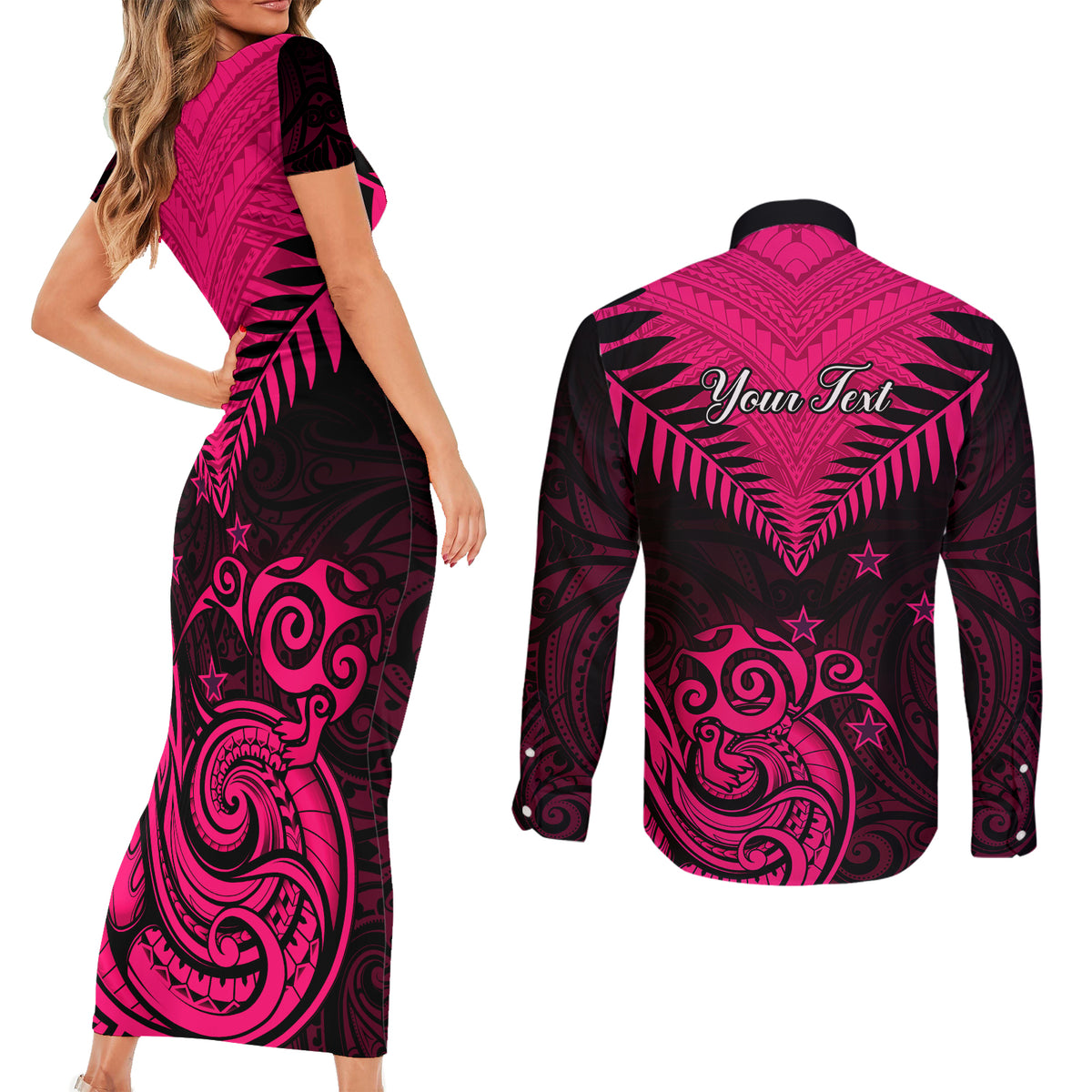 Personalised Aotearoa Couples Matching Short Sleeve Bodycon Dress and Long Sleeve Button Shirts Maori Kiwi Pink Fern - Wonder Print Shop