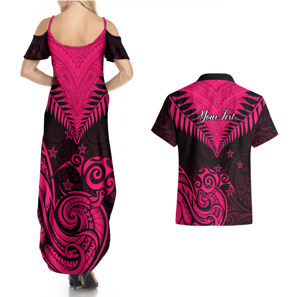 Personalised Aotearoa Couples Matching Summer Maxi Dress and Hawaiian Shirt Maori Kiwi Pink Fern - Wonder Print Shop
