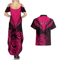 Personalised Aotearoa Couples Matching Summer Maxi Dress and Hawaiian Shirt Maori Kiwi Pink Fern - Wonder Print Shop