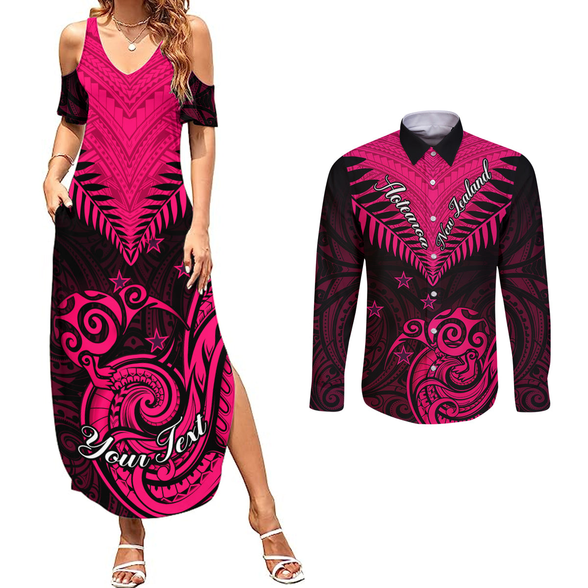 Personalised Aotearoa Couples Matching Summer Maxi Dress and Long Sleeve Button Shirts Maori Kiwi Pink Fern - Wonder Print Shop