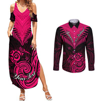 Personalised Aotearoa Couples Matching Summer Maxi Dress and Long Sleeve Button Shirts Maori Kiwi Pink Fern - Wonder Print Shop